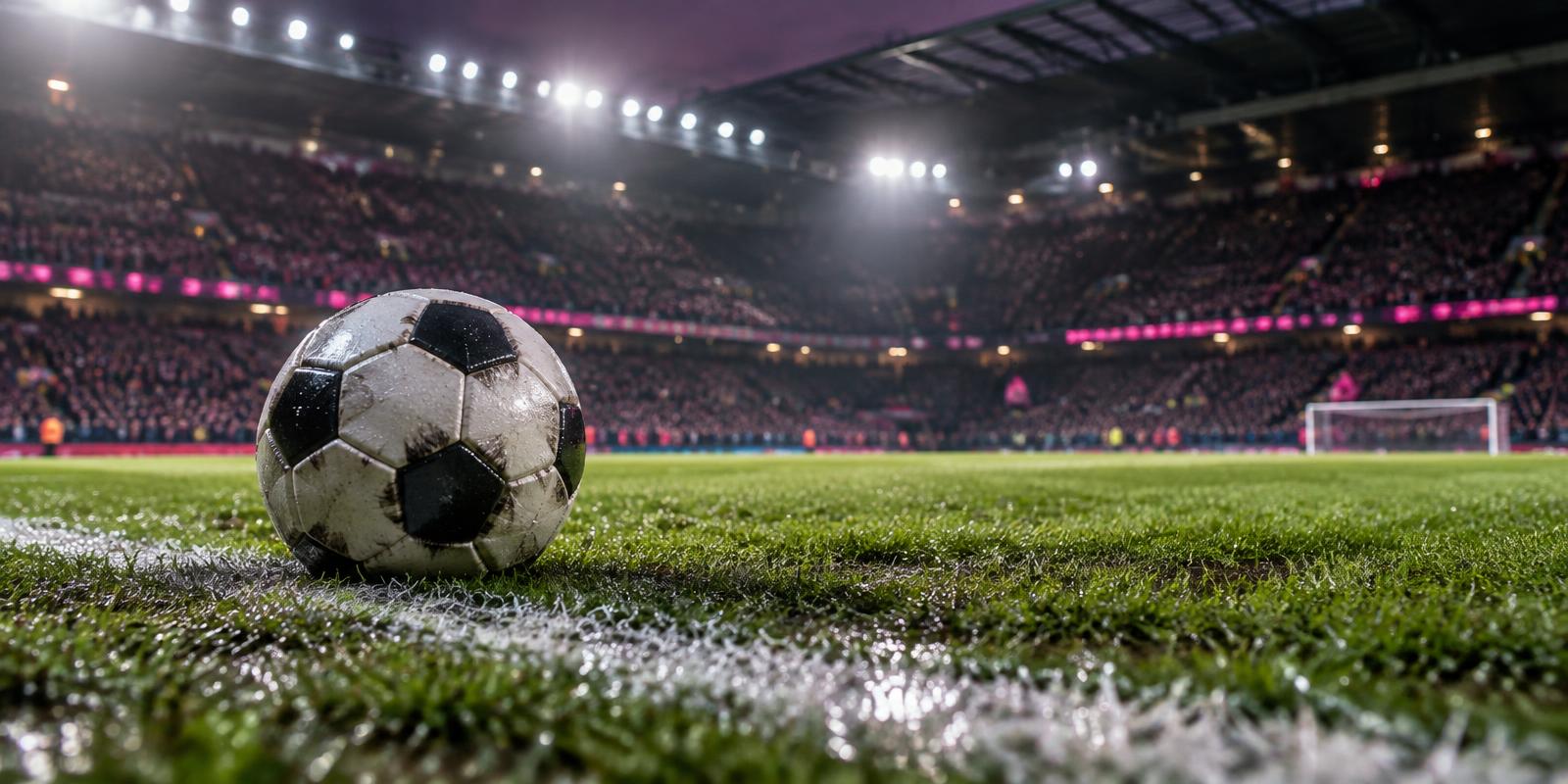 A football on a floodlit English stadium pitch before a match